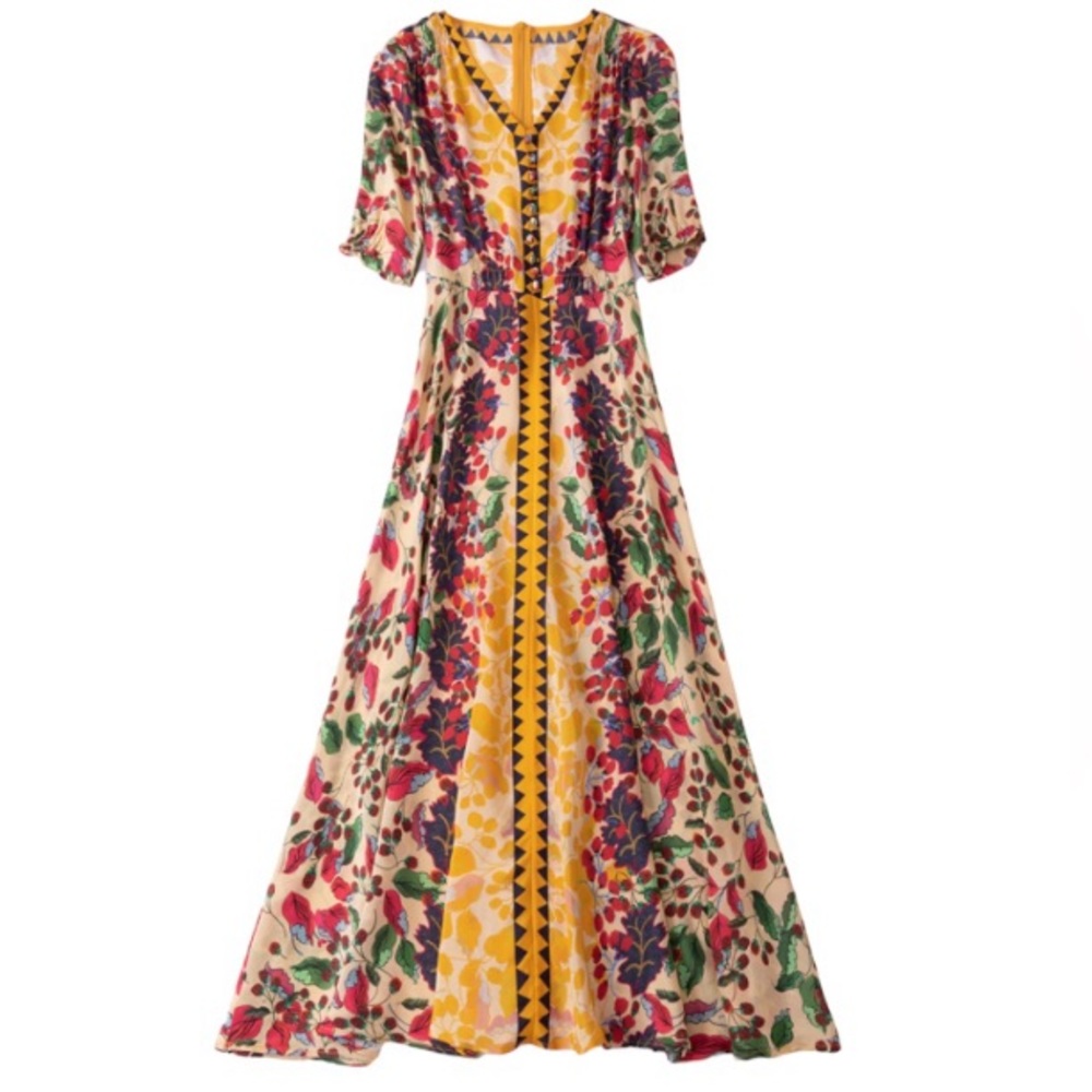NWT Vicky and Lucas Silk Yellow Floral Maxi Dress Size Small